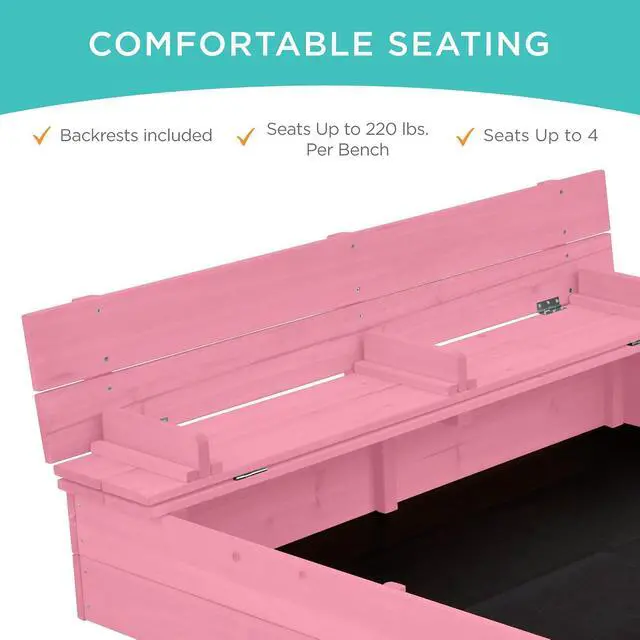 Alt view image 2 of 7 - Best Choice Products Large Outdoor Wooden Sand Box for Kids, Sandbox with Cover, Bench Seats Support up to 220 lbs, Bottom Liner for Drainage, Cedar Wood - Pink