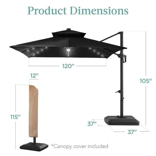 Alt view image 7 of 7 - 10x10ft Cantilever Patio Umbrella w/Base Included, Solar LED Lights 360 Rotation Large Offset Hanging Outdoor Shade for Deck Pool Backyard w/Stand Black