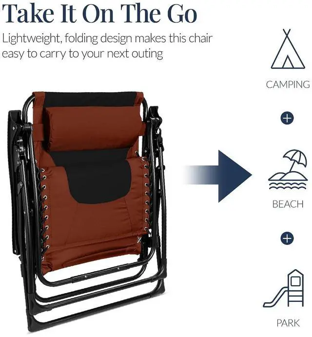 Alt view image 6 of 7 - Oversized Padded Zero Gravity Chair, Folding Outdoor Patio Recliner, XL Anti Gravity Lounger for Backyard w/Headrest, Cup Holder, Side Tray, Polyester Mesh - Rust/Black