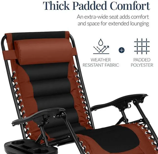Alt view image 5 of 7 - Oversized Padded Zero Gravity Chair, Folding Outdoor Patio Recliner, XL Anti Gravity Lounger for Backyard w/Headrest, Cup Holder, Side Tray, Polyester Mesh - Rust/Black
