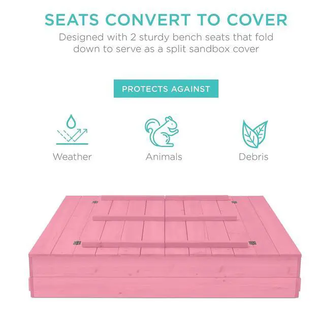 Alt view image 3 of 7 - Best Choice Products Large Outdoor Wooden Sand Box for Kids, Sandbox with Cover, Bench Seats Support up to 220 lbs, Bottom Liner for Drainage, Cedar Wood - Pink