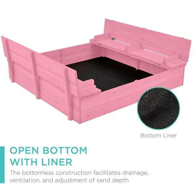 Alt view image 5 of 7 - Best Choice Products Large Outdoor Wooden Sand Box for Kids, Sandbox with Cover, Bench Seats Support up to 220 lbs, Bottom Liner for Drainage, Cedar Wood - Pink