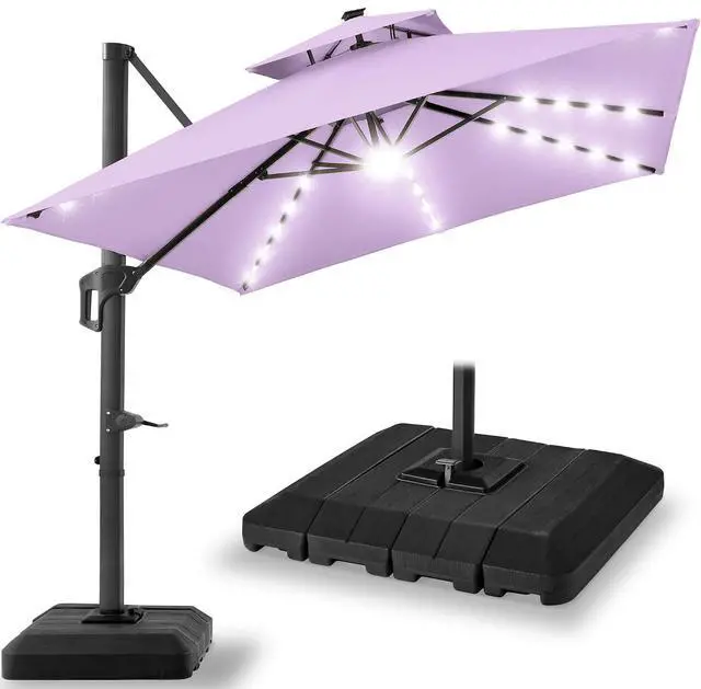 Main image of 10x10ft Cantilever Patio Umbrella w/Base Included, Solar LED Lights 360 Rotation Large Offset Hanging Outdoor Shade for Deck Pool Backyard w/Stand Lavender