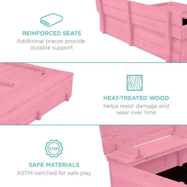 Alt view image 4 of 7 - Best Choice Products Large Outdoor Wooden Sand Box for Kids, Sandbox with Cover, Bench Seats Support up to 220 lbs, Bottom Liner for Drainage, Cedar Wood - Pink