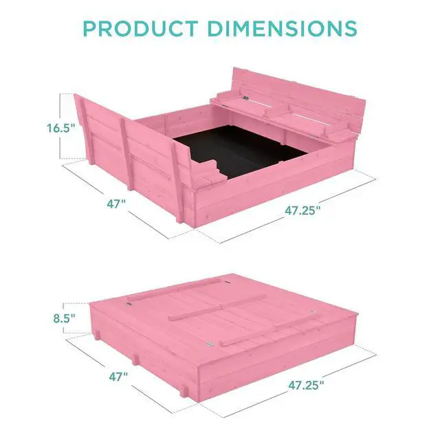 Alt view image 7 of 7 - Best Choice Products Large Outdoor Wooden Sand Box for Kids, Sandbox with Cover, Bench Seats Support up to 220 lbs, Bottom Liner for Drainage, Cedar Wood - Pink