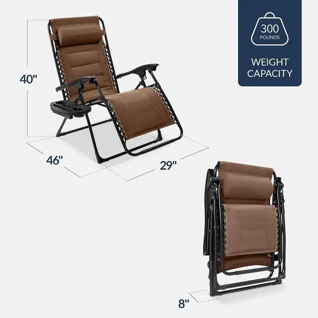 Alt view image 2 of 7 - Oversized Padded Zero Gravity Chair, Folding Outdoor Patio Recliner, XL Anti Gravity Lounger for Backyard w/Headrest, Cup Holder, Side Tray, Polyester Mesh - Dark Brown