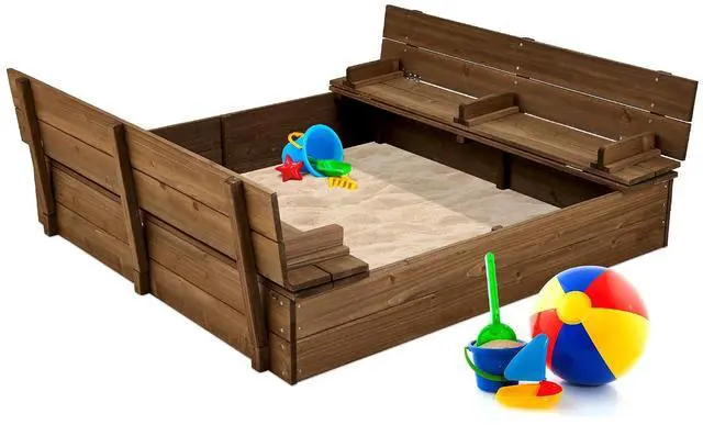 Main image of Best Choice Products Large Outdoor Wooden Sand Box for Kids, Sandbox with Cover, Bench Seats Support up to 220 lbs, Bottom Liner for Drainage, Cedar Wood - Walnut