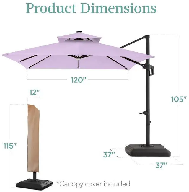 Alt view image 7 of 7 - 10x10ft Cantilever Patio Umbrella w/Base Included, Solar LED Lights 360 Rotation Large Offset Hanging Outdoor Shade for Deck Pool Backyard w/Stand Lavender