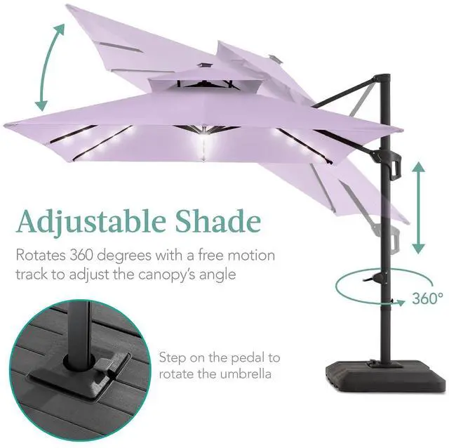 Alt view image 4 of 7 - 10x10ft Cantilever Patio Umbrella w/Base Included, Solar LED Lights 360 Rotation Large Offset Hanging Outdoor Shade for Deck Pool Backyard w/Stand Lavender