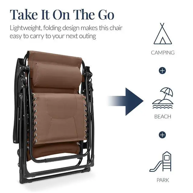Alt view image 5 of 7 - Oversized Padded Zero Gravity Chair, Folding Outdoor Patio Recliner, XL Anti Gravity Lounger for Backyard w/Headrest, Cup Holder, Side Tray, Polyester Mesh - Dark Brown