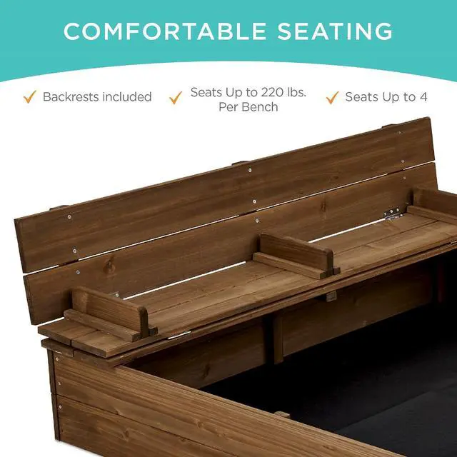 Alt view image 2 of 7 - Best Choice Products Large Outdoor Wooden Sand Box for Kids, Sandbox with Cover, Bench Seats Support up to 220 lbs, Bottom Liner for Drainage, Cedar Wood - Walnut
