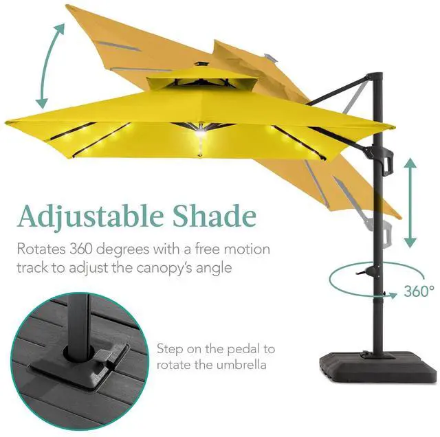 Alt view image 4 of 7 - 10x10ft Cantilever Patio Umbrella w/Base Included, Solar LED Lights 360 Rotation Large Offset Hanging Outdoor Shade for Deck Pool Backyard w/Stand Yellow