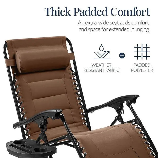 Alt view image 4 of 7 - Oversized Padded Zero Gravity Chair, Folding Outdoor Patio Recliner, XL Anti Gravity Lounger for Backyard w/Headrest, Cup Holder, Side Tray, Polyester Mesh - Dark Brown
