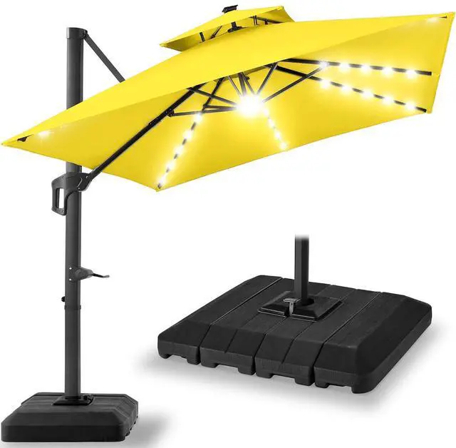 Main image of 10x10ft Cantilever Patio Umbrella w/Base Included, Solar LED Lights 360 Rotation Large Offset Hanging Outdoor Shade for Deck Pool Backyard w/Stand Yellow