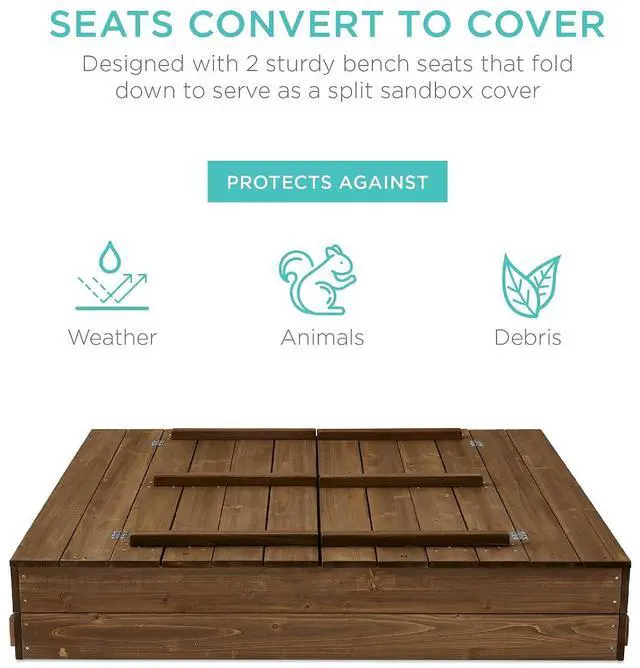 Alt view image 3 of 7 - Best Choice Products Large Outdoor Wooden Sand Box for Kids, Sandbox with Cover, Bench Seats Support up to 220 lbs, Bottom Liner for Drainage, Cedar Wood - Walnut