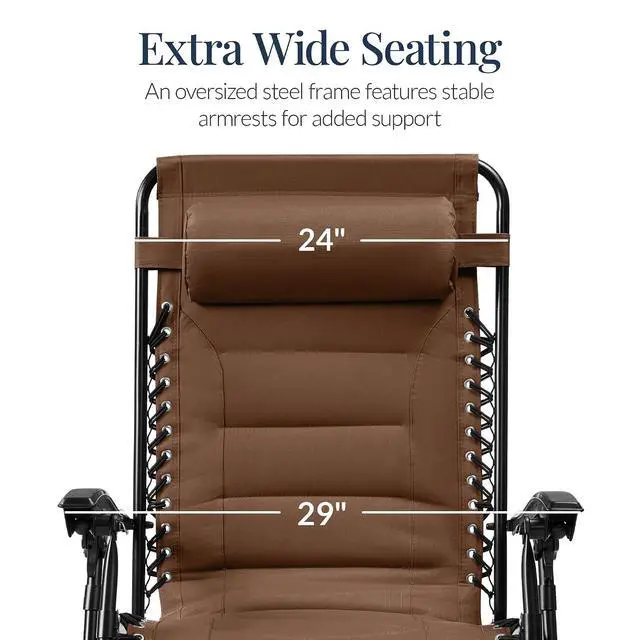 Alt view image 3 of 7 - Oversized Padded Zero Gravity Chair, Folding Outdoor Patio Recliner, XL Anti Gravity Lounger for Backyard w/Headrest, Cup Holder, Side Tray, Polyester Mesh - Dark Brown