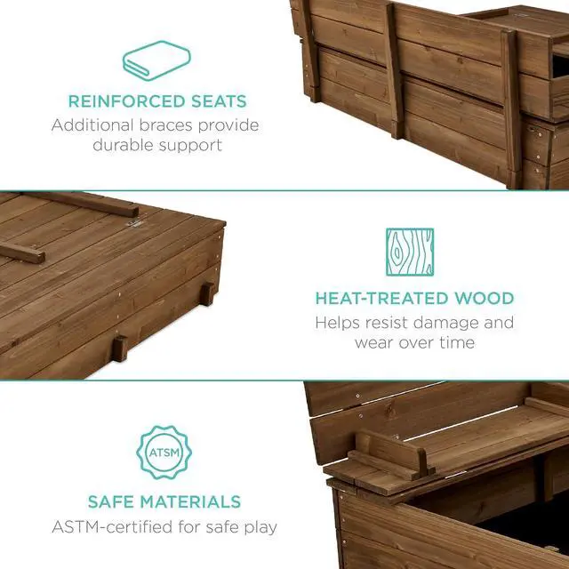Alt view image 4 of 7 - Best Choice Products Large Outdoor Wooden Sand Box for Kids, Sandbox with Cover, Bench Seats Support up to 220 lbs, Bottom Liner for Drainage, Cedar Wood - Walnut