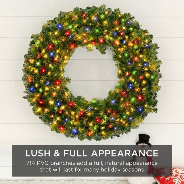 Alt view image 7 of 7 - 48in Large Artificial Pre-Lit Fir Christmas Wreath Holiday Accent Decoration w/ 250 Multicolor Lights, 714 PVC Tips