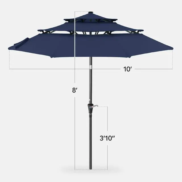 Alt view image 2 of 7 - 10ft 3-Tier Market Patio Umbrella, Outdoor Sun Shade with Tilt, Crank Lift, 8 Ribs for Backyard, Deck, Poolside Navy Blue