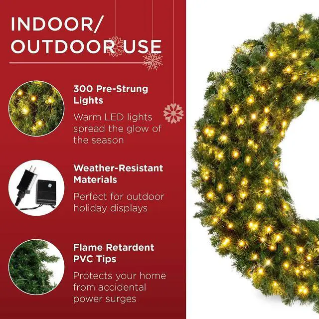 Alt view image 4 of 7 - 60in Large Artificial Pre-Lit Fir Christmas Wreath Holiday Accent Decoration w/ 300 LED Lights, 930 PVC Tips