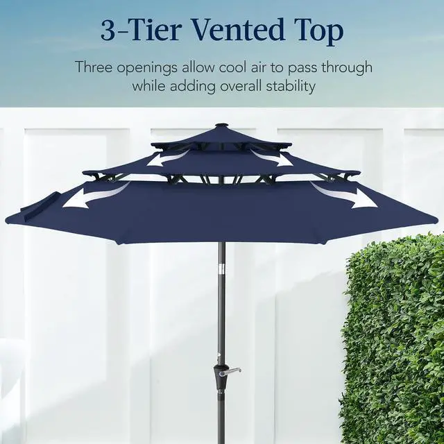 Alt view image 3 of 7 - 10ft 3-Tier Market Patio Umbrella, Outdoor Sun Shade with Tilt, Crank Lift, 8 Ribs for Backyard, Deck, Poolside Navy Blue