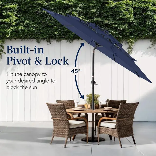 Alt view image 5 of 7 - 10ft 3-Tier Market Patio Umbrella, Outdoor Sun Shade with Tilt, Crank Lift, 8 Ribs for Backyard, Deck, Poolside Navy Blue