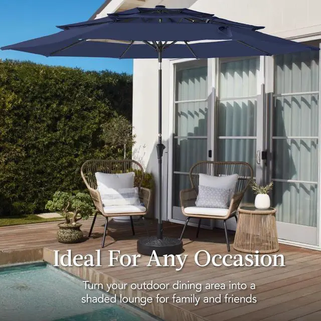 Alt view image 4 of 7 - 10ft 3-Tier Market Patio Umbrella, Outdoor Sun Shade with Tilt, Crank Lift, 8 Ribs for Backyard, Deck, Poolside Navy Blue