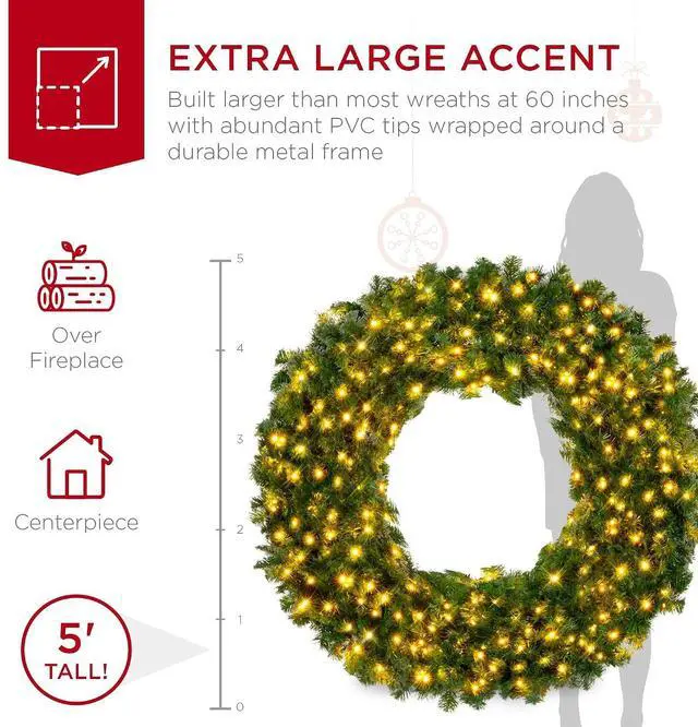 Alt view image 3 of 7 - 60in Large Artificial Pre-Lit Fir Christmas Wreath Holiday Accent Decoration w/ 300 LED Lights, 930 PVC Tips