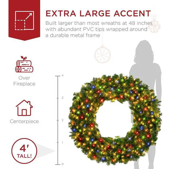 Alt view image 4 of 7 - 48in Large Artificial Pre-Lit Fir Christmas Wreath Holiday Accent Decoration w/ 250 Multicolor Lights, 714 PVC Tips