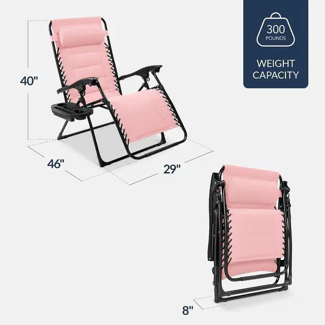 Alt view image 2 of 7 - Oversized Padded Zero Gravity Chair, Folding Outdoor Patio Recliner, XL Anti Gravity Lounger for Backyard w/Headrest, Cup Holder, Side Tray, Polyester Mesh - Bubblegum Pink