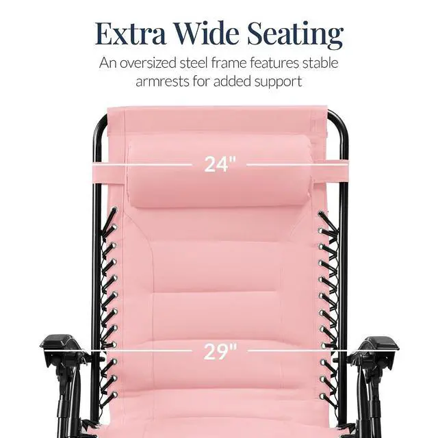 Alt view image 3 of 7 - Oversized Padded Zero Gravity Chair, Folding Outdoor Patio Recliner, XL Anti Gravity Lounger for Backyard w/Headrest, Cup Holder, Side Tray, Polyester Mesh - Bubblegum Pink