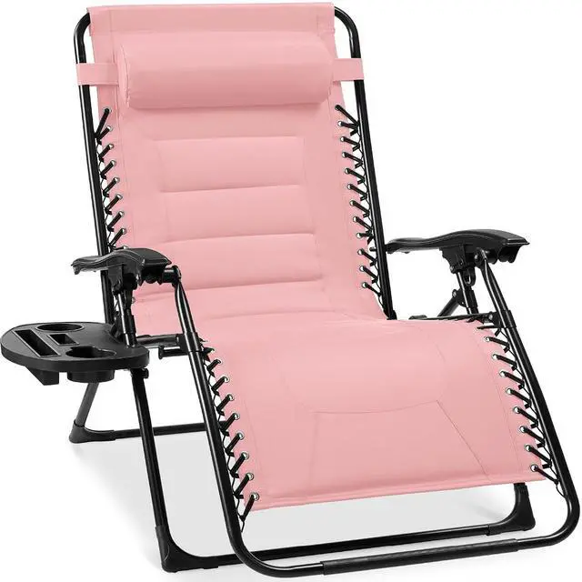 Main image of Oversized Padded Zero Gravity Chair, Folding Outdoor Patio Recliner, XL Anti Gravity Lounger for Backyard w/Headrest, Cup Holder, Side Tray, Polyester Mesh - Bubblegum Pink