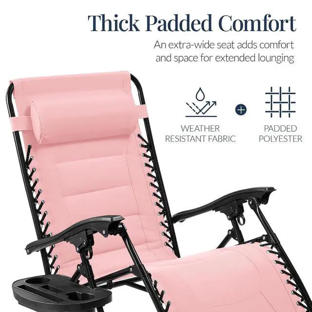 Alt view image 4 of 7 - Oversized Padded Zero Gravity Chair, Folding Outdoor Patio Recliner, XL Anti Gravity Lounger for Backyard w/Headrest, Cup Holder, Side Tray, Polyester Mesh - Bubblegum Pink