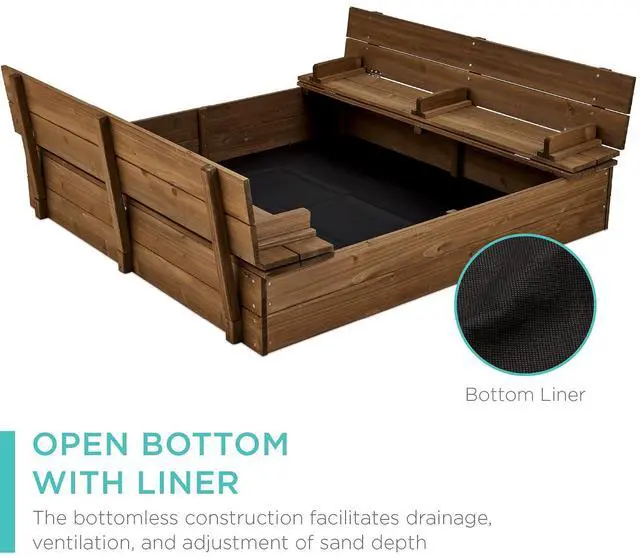 Alt view image 5 of 7 - Best Choice Products Large Outdoor Wooden Sand Box for Kids, Sandbox with Cover, Bench Seats Support up to 220 lbs, Bottom Liner for Drainage, Cedar Wood - Walnut