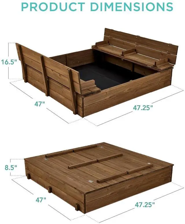 Alt view image 7 of 7 - Best Choice Products Large Outdoor Wooden Sand Box for Kids, Sandbox with Cover, Bench Seats Support up to 220 lbs, Bottom Liner for Drainage, Cedar Wood - Walnut