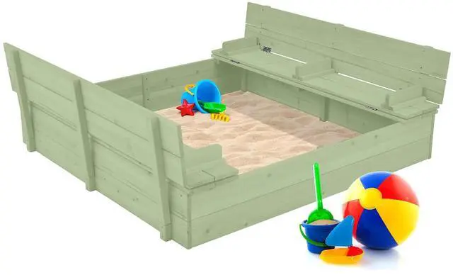 Main image of Best Choice Products Large Outdoor Wooden Sand Box for Kids, Sandbox with Cover, Bench Seats Support up to 220 lbs, Bottom Liner for Drainage, Cedar Wood - Sage