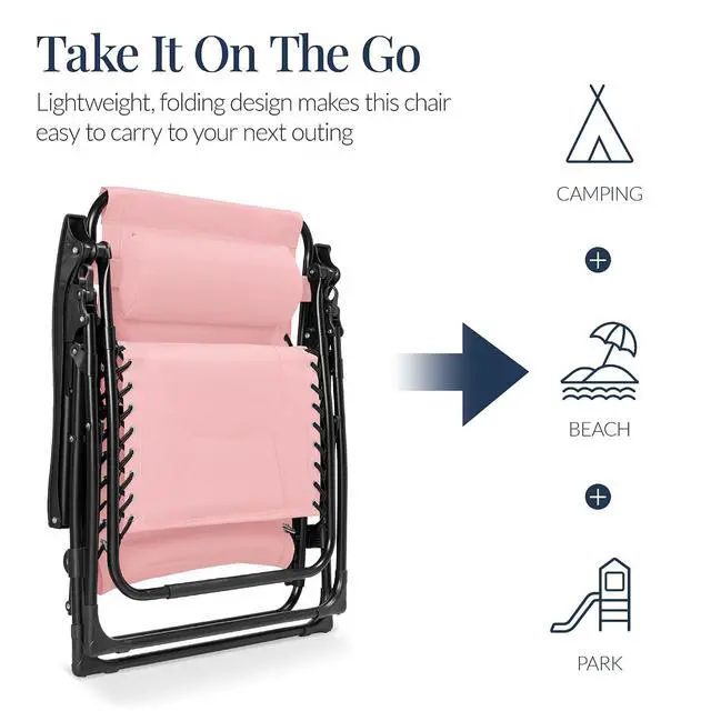 Alt view image 5 of 7 - Oversized Padded Zero Gravity Chair, Folding Outdoor Patio Recliner, XL Anti Gravity Lounger for Backyard w/Headrest, Cup Holder, Side Tray, Polyester Mesh - Bubblegum Pink