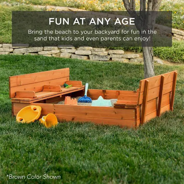Alt view image 6 of 7 - Best Choice Products Large Outdoor Wooden Sand Box for Kids, Sandbox with Cover, Bench Seats Support up to 220 lbs, Bottom Liner for Drainage, Cedar Wood - Sage