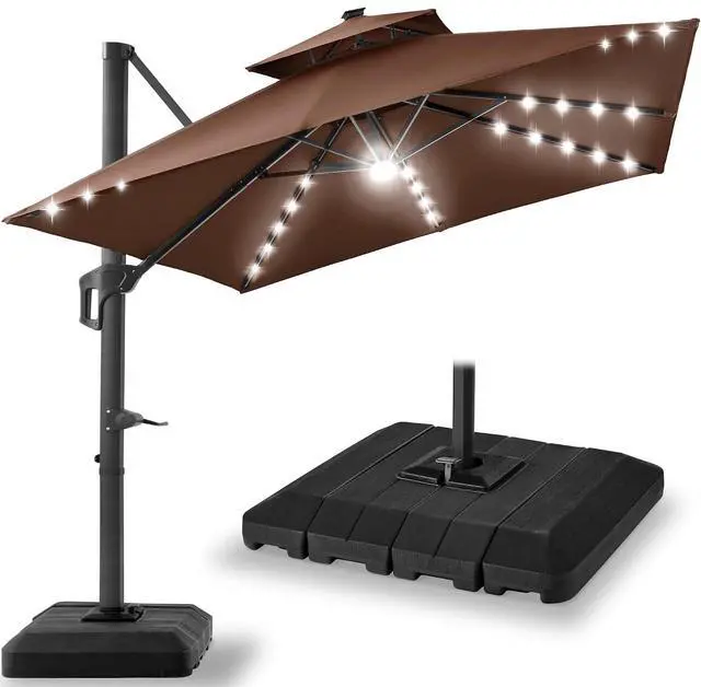 Main image of 10x10ft Cantilever Patio Umbrella w/Base Included, Solar LED Lights 360 Rotation Large Offset Hanging Outdoor Shade for Deck Pool Backyard w/Stand Brown
