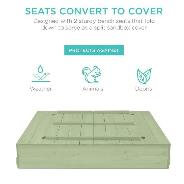 Alt view image 3 of 7 - Best Choice Products Large Outdoor Wooden Sand Box for Kids, Sandbox with Cover, Bench Seats Support up to 220 lbs, Bottom Liner for Drainage, Cedar Wood - Sage