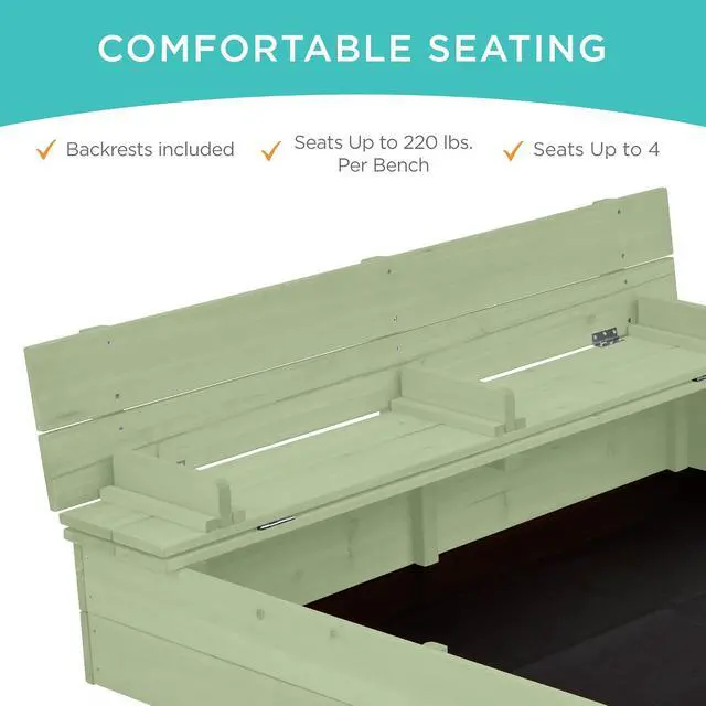 Alt view image 2 of 7 - Best Choice Products Large Outdoor Wooden Sand Box for Kids, Sandbox with Cover, Bench Seats Support up to 220 lbs, Bottom Liner for Drainage, Cedar Wood - Sage
