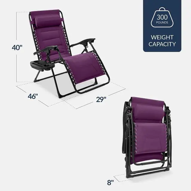 Alt view image 2 of 7 - Oversized Padded Zero Gravity Chair, Folding Outdoor Patio Recliner, XL Anti Gravity Lounger for Backyard w/Headrest, Cup Holder, Side Tray, Polyester Mesh - Amethyst Purple
