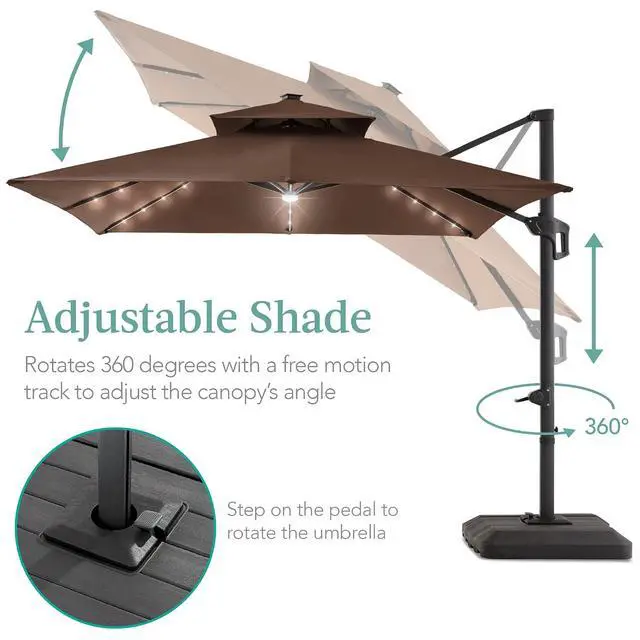 Alt view image 4 of 7 - 10x10ft Cantilever Patio Umbrella w/Base Included, Solar LED Lights 360 Rotation Large Offset Hanging Outdoor Shade for Deck Pool Backyard w/Stand Brown