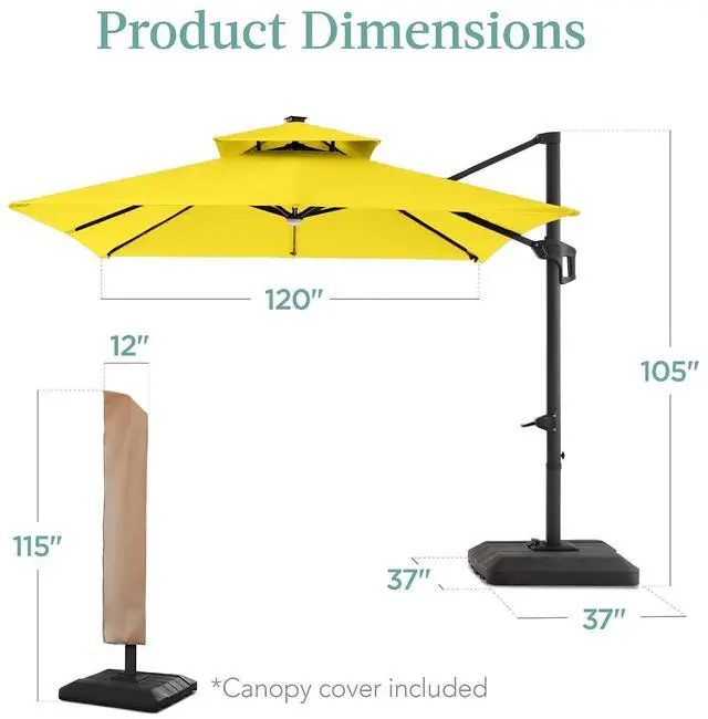 Alt view image 7 of 7 - 10x10ft Cantilever Patio Umbrella w/Base Included, Solar LED Lights 360 Rotation Large Offset Hanging Outdoor Shade for Deck Pool Backyard w/Stand Yellow