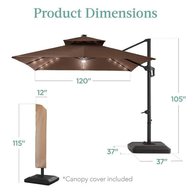 Alt view image 7 of 7 - 10x10ft Cantilever Patio Umbrella w/Base Included, Solar LED Lights 360 Rotation Large Offset Hanging Outdoor Shade for Deck Pool Backyard w/Stand Brown