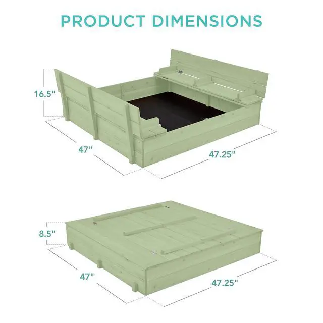 Alt view image 7 of 7 - Best Choice Products Large Outdoor Wooden Sand Box for Kids, Sandbox with Cover, Bench Seats Support up to 220 lbs, Bottom Liner for Drainage, Cedar Wood - Sage
