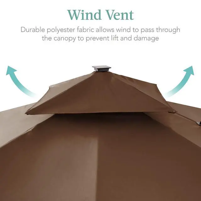 Alt view image 6 of 7 - 10x10ft Cantilever Patio Umbrella w/Base Included, Solar LED Lights 360 Rotation Large Offset Hanging Outdoor Shade for Deck Pool Backyard w/Stand Brown