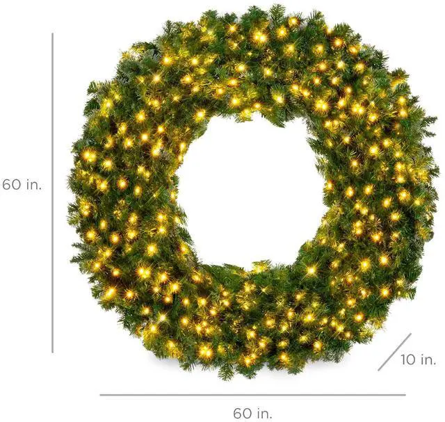 Alt view image 7 of 7 - 60in Large Artificial Pre-Lit Fir Christmas Wreath Holiday Accent Decoration w/ 300 LED Lights, 930 PVC Tips