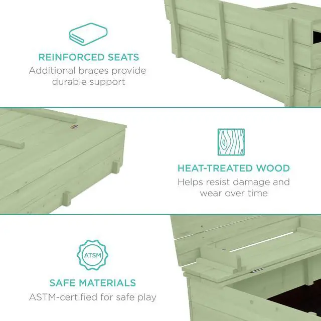 Alt view image 4 of 7 - Best Choice Products Large Outdoor Wooden Sand Box for Kids, Sandbox with Cover, Bench Seats Support up to 220 lbs, Bottom Liner for Drainage, Cedar Wood - Sage