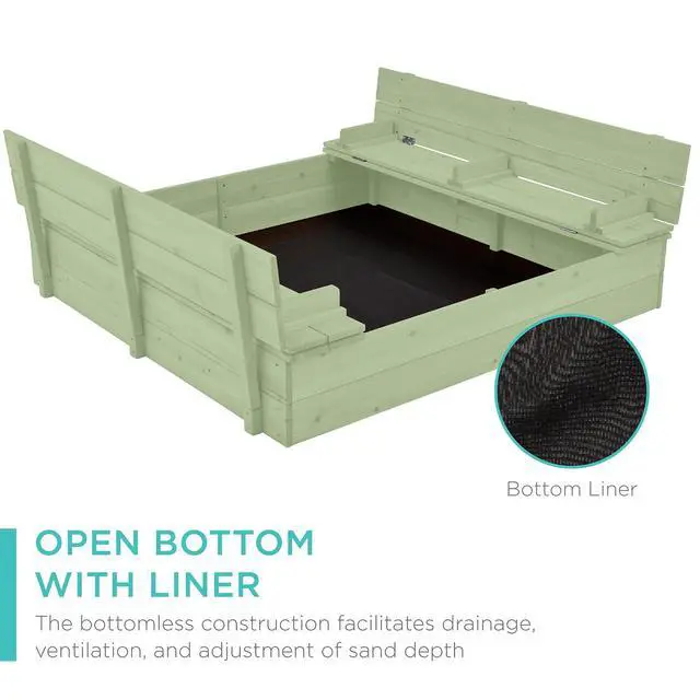 Alt view image 5 of 7 - Best Choice Products Large Outdoor Wooden Sand Box for Kids, Sandbox with Cover, Bench Seats Support up to 220 lbs, Bottom Liner for Drainage, Cedar Wood - Sage